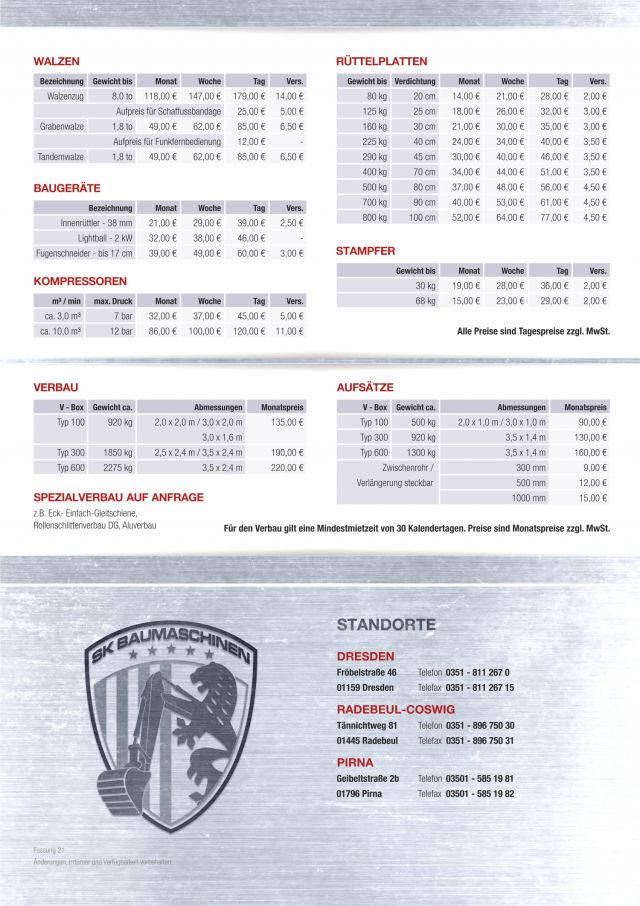 Mietpreisliste für Baumaschinen mieten